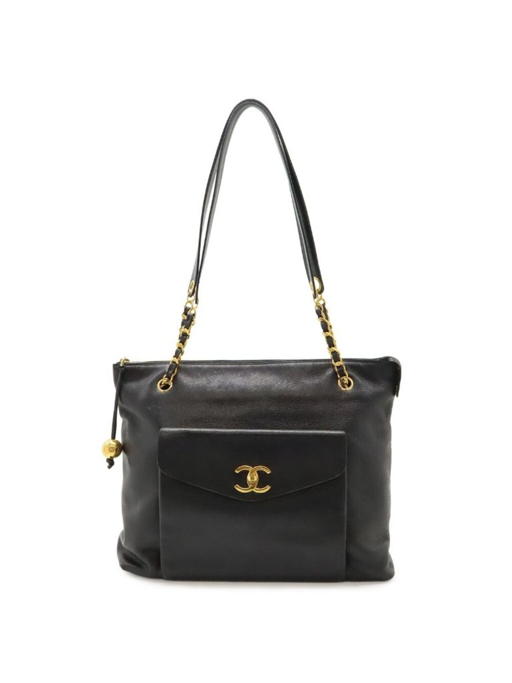 Chanel CC Logo Tote Chain Shoulder Bag Caviar Leather Black Gold
